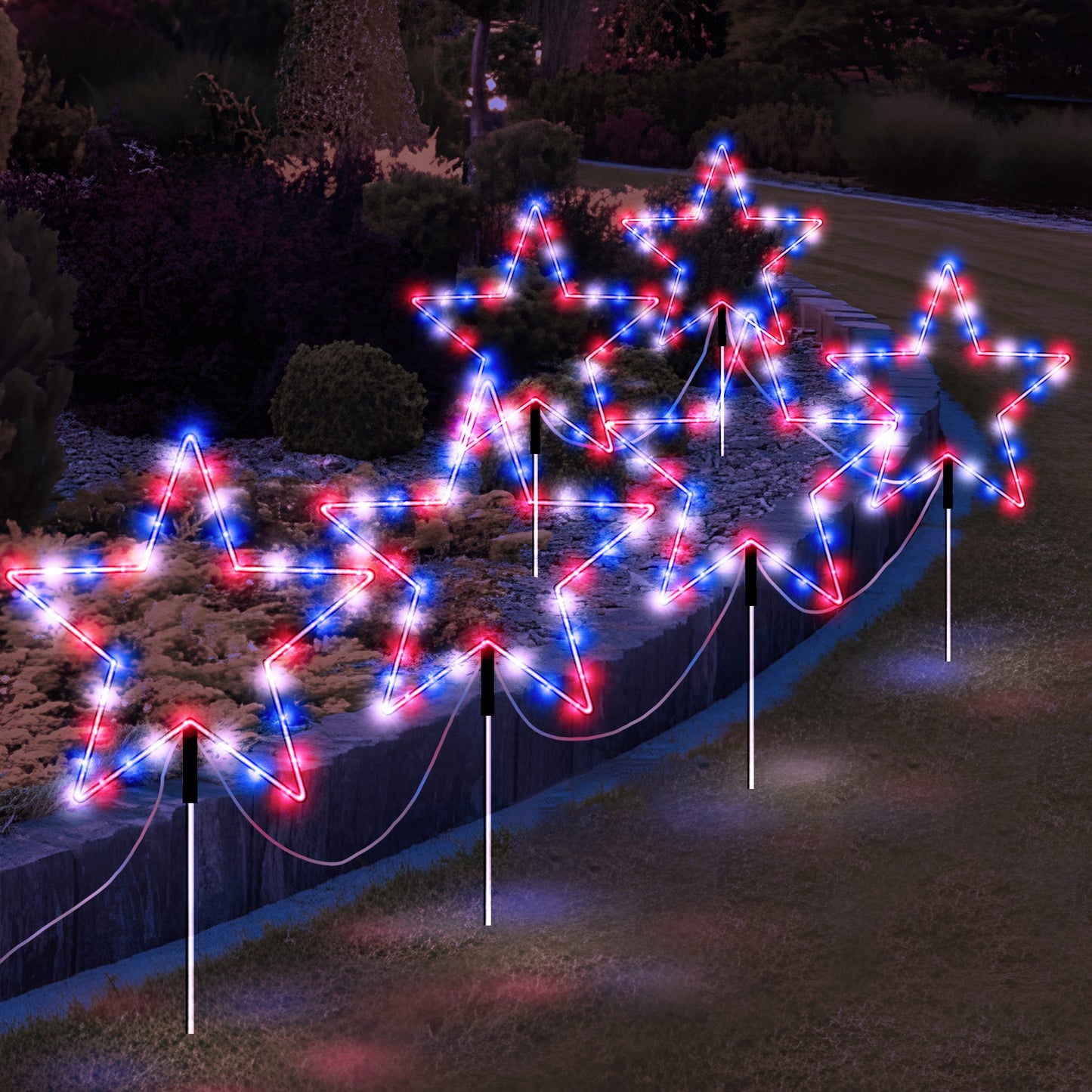 Outdoor Solar Pathway Lights Red White and Blue Star Lights for