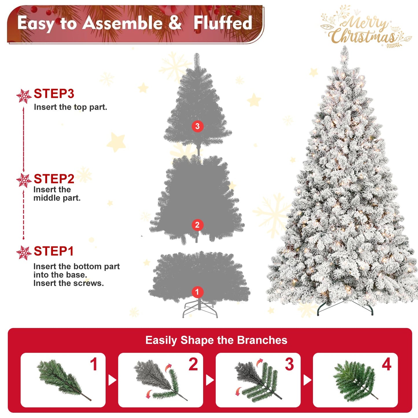 9FT Snow-Flocked Artificial Christmas Tree with Pine Cones, Prelit