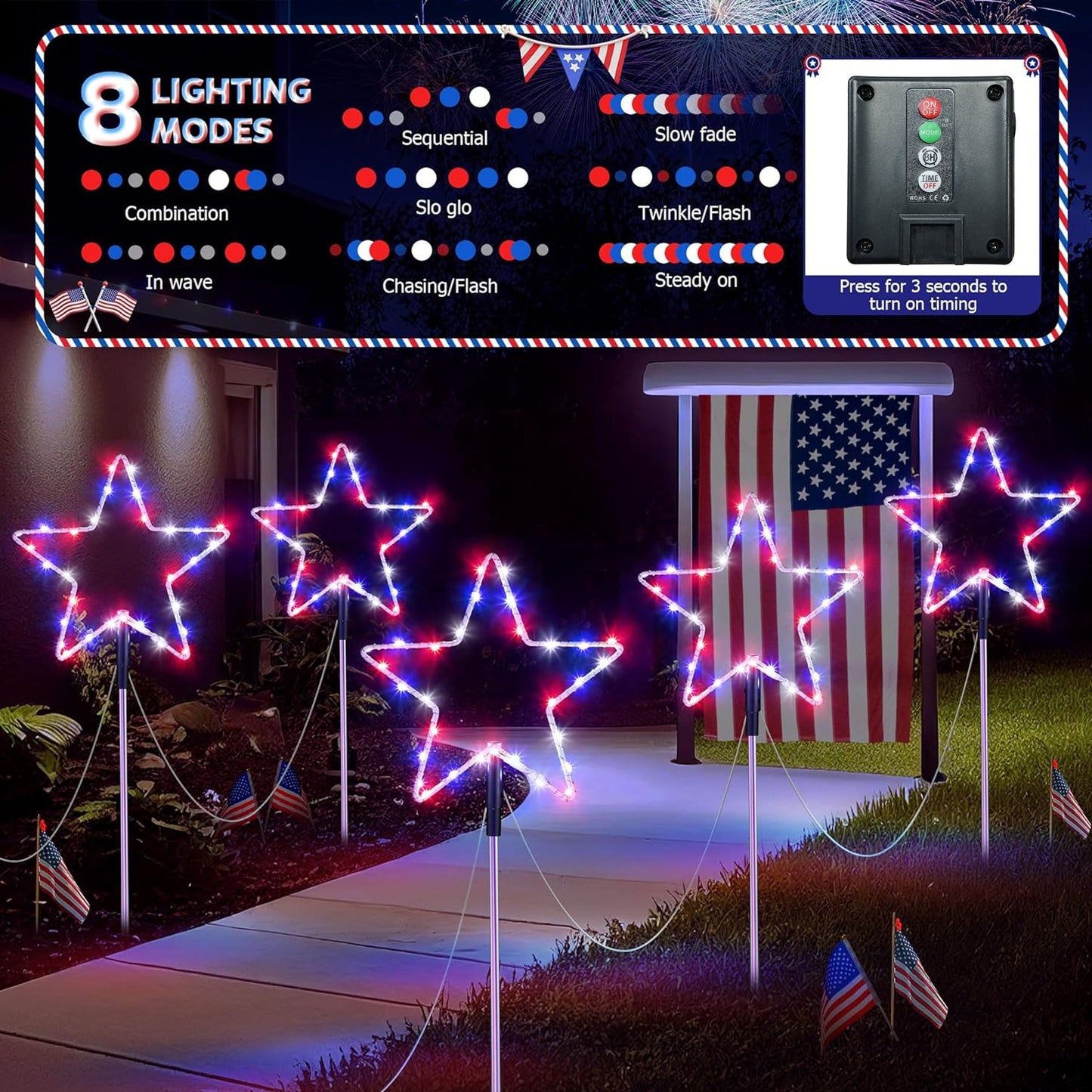 Outdoor Solar Pathway Lights Red White and Blue Star Lights for