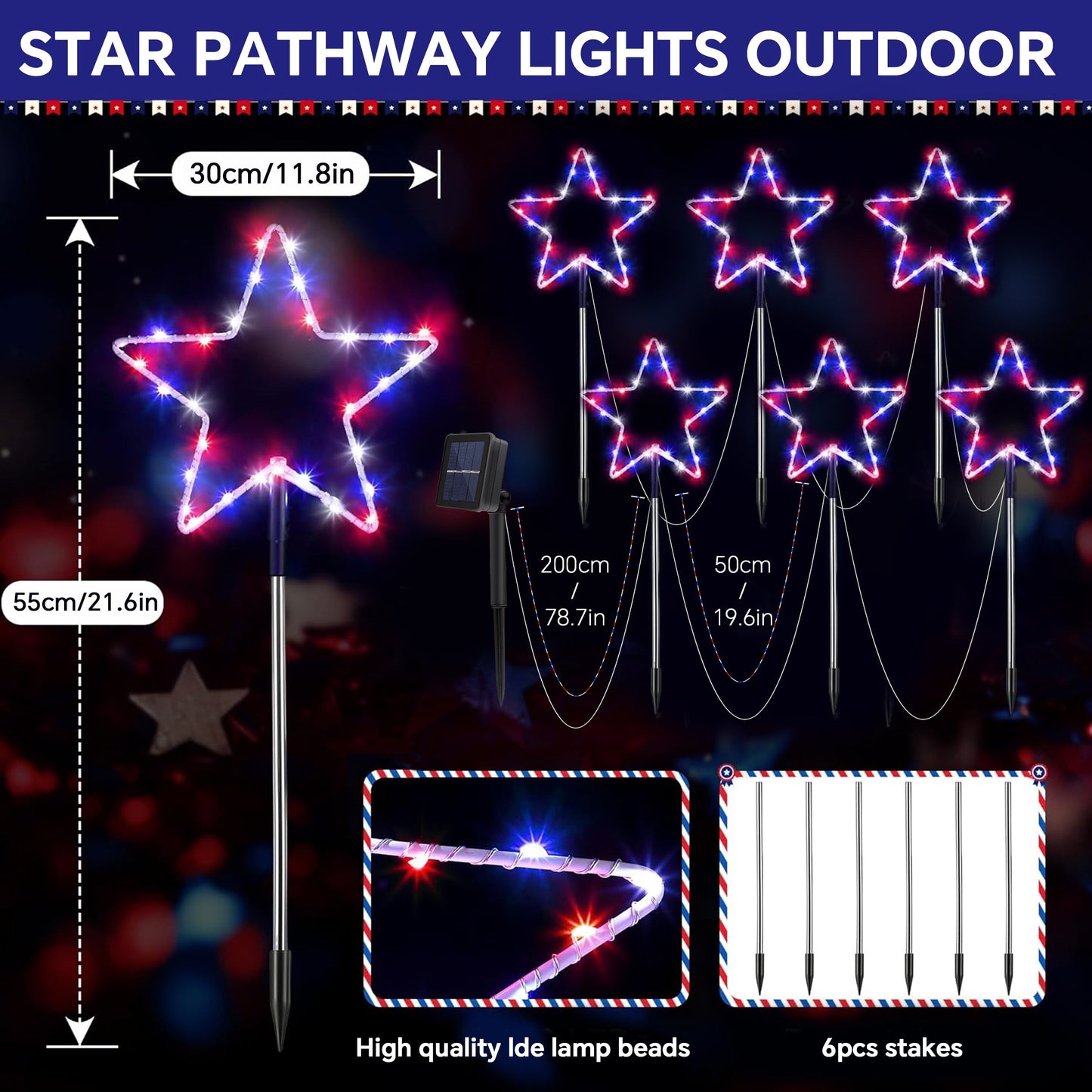 Outdoor Solar Pathway Lights Red White and Blue Star Lights for