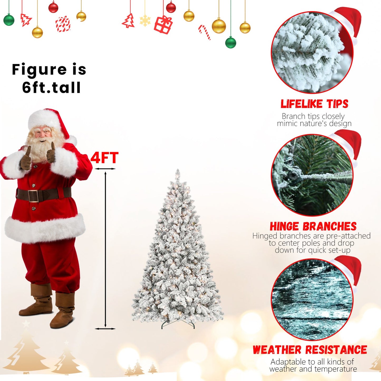 9FT Snow-Flocked Artificial Christmas Tree with Pine Cones, Prelit